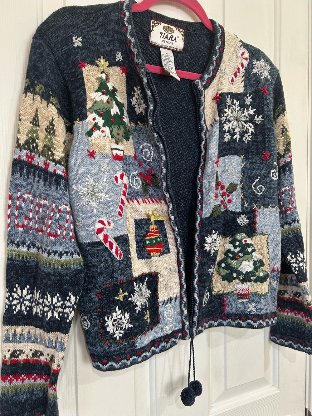 Tiara Navy Patchwork Holiday Cardigan with Red and Cream Accents